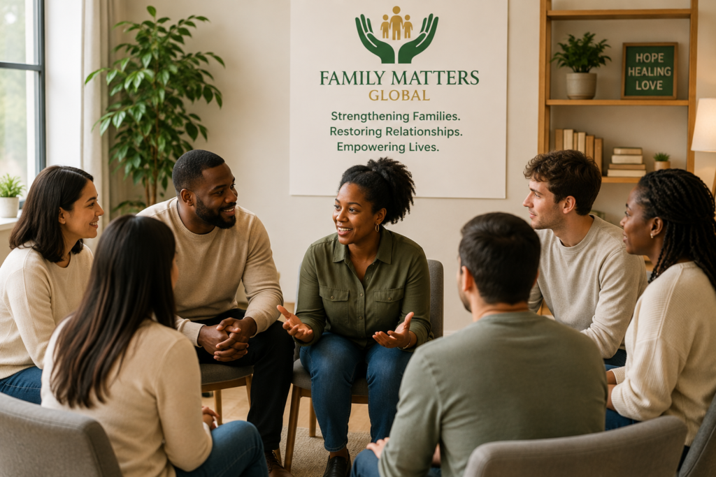     A diverse community group participating in a Family Matters Global counselling and support session.