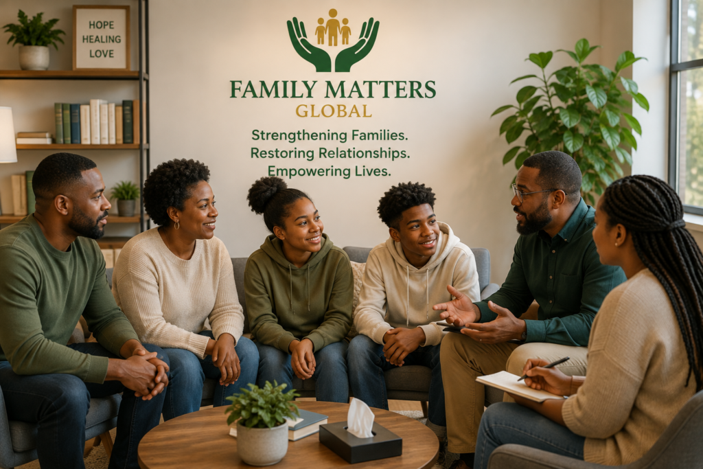 Parents and teenagers participating in a Family Matters Global family support and youth mentorship session.