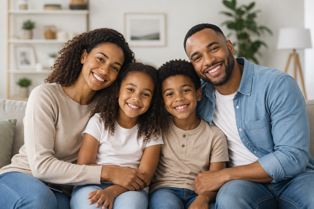     A happy family together, representing strong relationships and family connection.