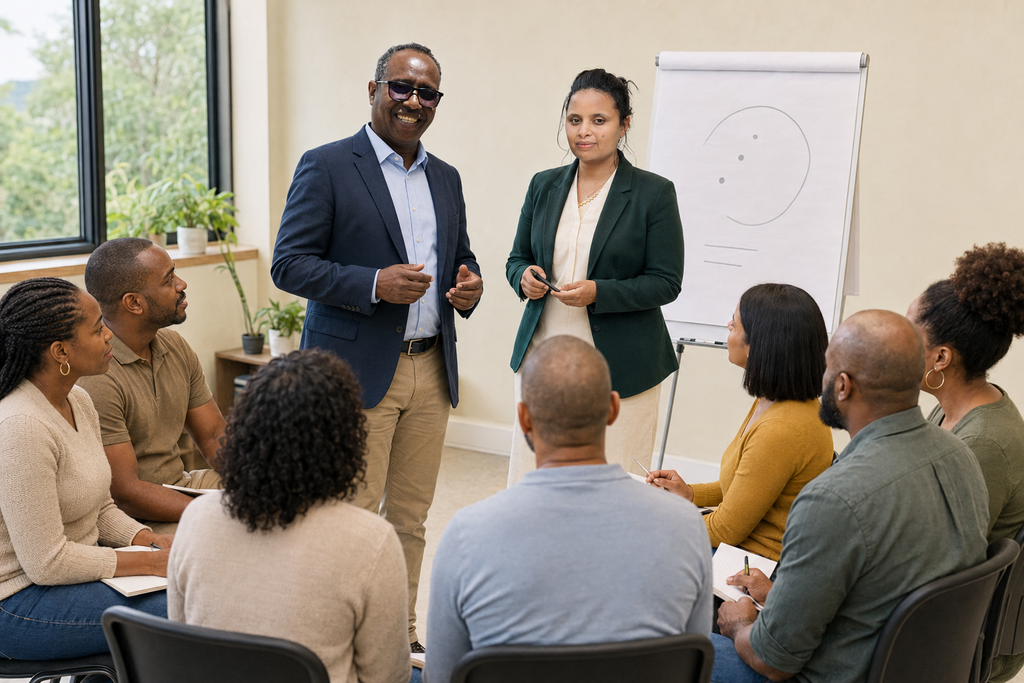 AI-generated illustration of Rev. Fiseha Abebe and his wife co-leading a couples and family workshop for Family Matters Global